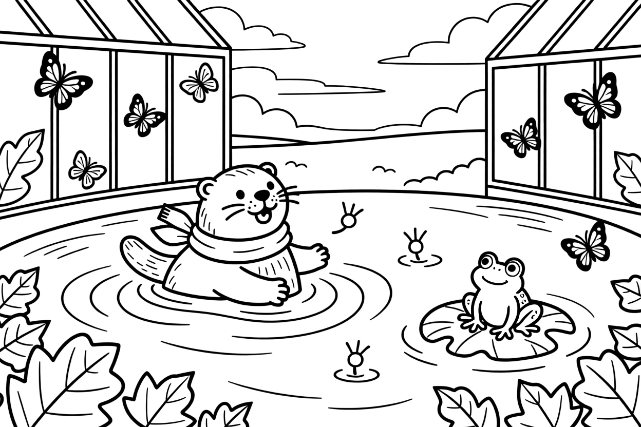 A playful otter floating on its back is chasing fireflies just as the sky turns purple in a butterfly conservatory full of fluttering wings. a friendly frog perched on a lily pad and swirling autumn leaves in every color round out the happy picture.