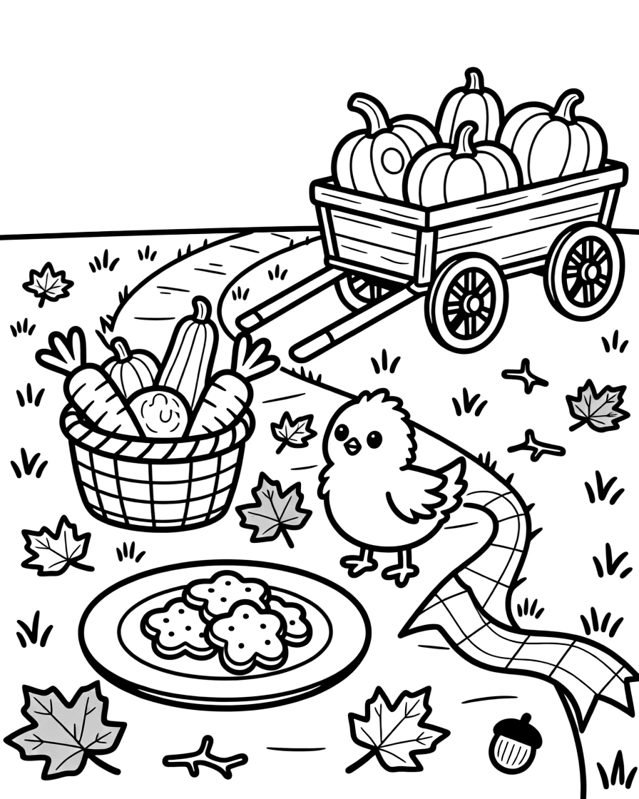 A plate of shortbread beside a tartan ribbon along a path covered in fallen red and orange leaves, alongside a tiny chick and a cornucopia spilling over with vegetables, with a wagon full of gourds close by.