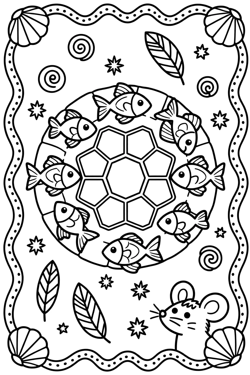 Ocean Creatures: The page centers on a repeating motif of a school of small fish swimming in a circle, built around a honeycomb mandala tiled from small hexagon cells. The motif is placed at each of the four corners in matching pairs, connected by a looping border pattern around the edge. Decorative details fill the surrounding space, including tightly coiled spiral shells, fan-shaped feather clusters, and tiny pinwheel stars woven throughout the background. A playful extra touch completes the page: a curious little mouse peeking out from behind one of the shapes.