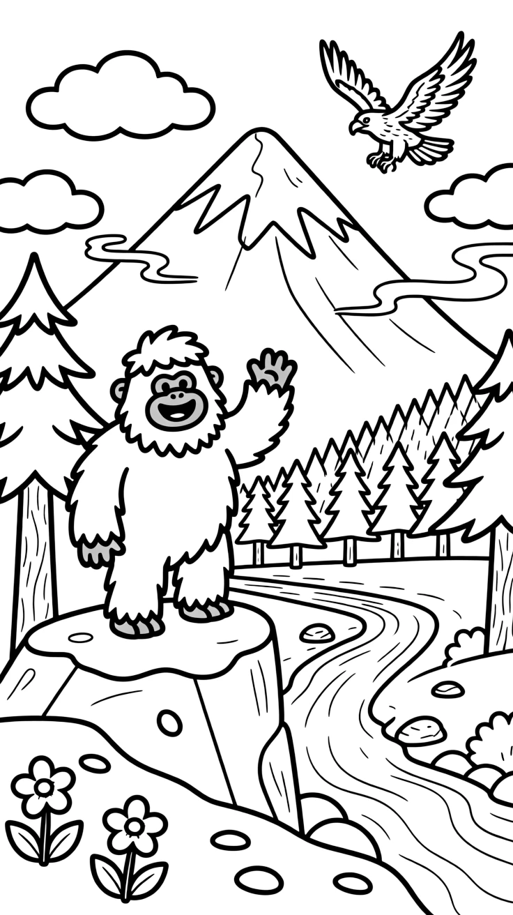[Mountain Peaks] A friendly yeti waves from a rocky outcrop, surrounded by patches of snow and mountain flowers. Fluffy clouds drift below the summit while a hawk circles above a cluster of pine trees. Snow-capped peaks tower over a valley filled with pine forests and a winding river below. Wisps of cloud drift past the summit as the morning sun paints the peaks in soft golden light.