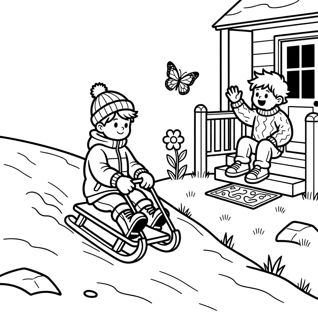 A little boy sledding down a hill with a cousin the same age on the front porch steps while a butterfly visits nearby.