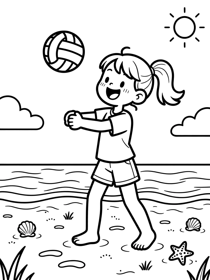 An energetic girl with a big smile, bumping the ball with forearms to keep the rally alive during a beach match.