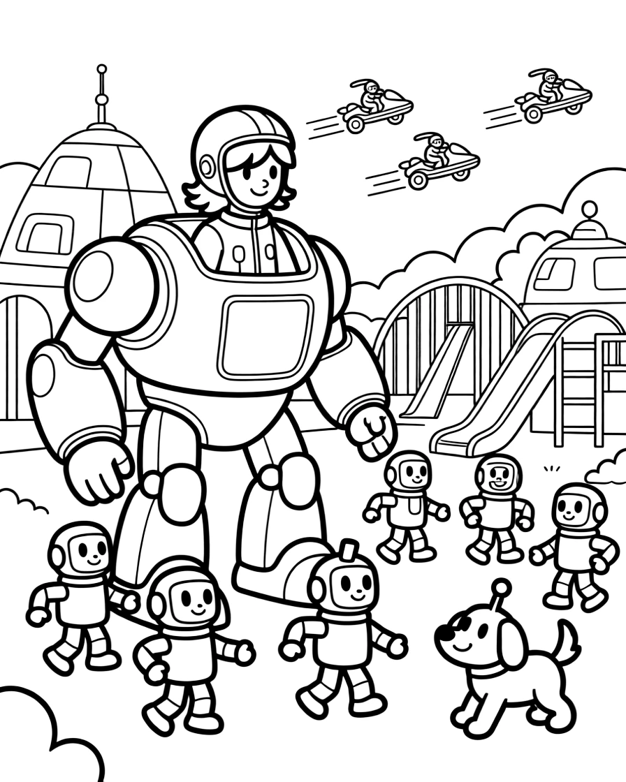 Young pilot Flux riding inside the friendly giant mech Vanguard practicing a new dance with a troupe of dancing robots near a starship graveyard turned into a playground for young explorers, surrounded by a robot dog wagging its antenna tail and a fleet of hover-scooters zipping past in the background.