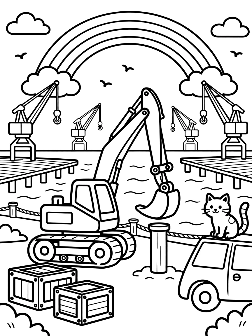 A pile driver hammering a post into the ground takes center stage in a busy harbor lined with docks, cranes, and stacked crates, where a curious cat perched on the hood can be seen nearby, surrounded by a rainbow arching across the sky.