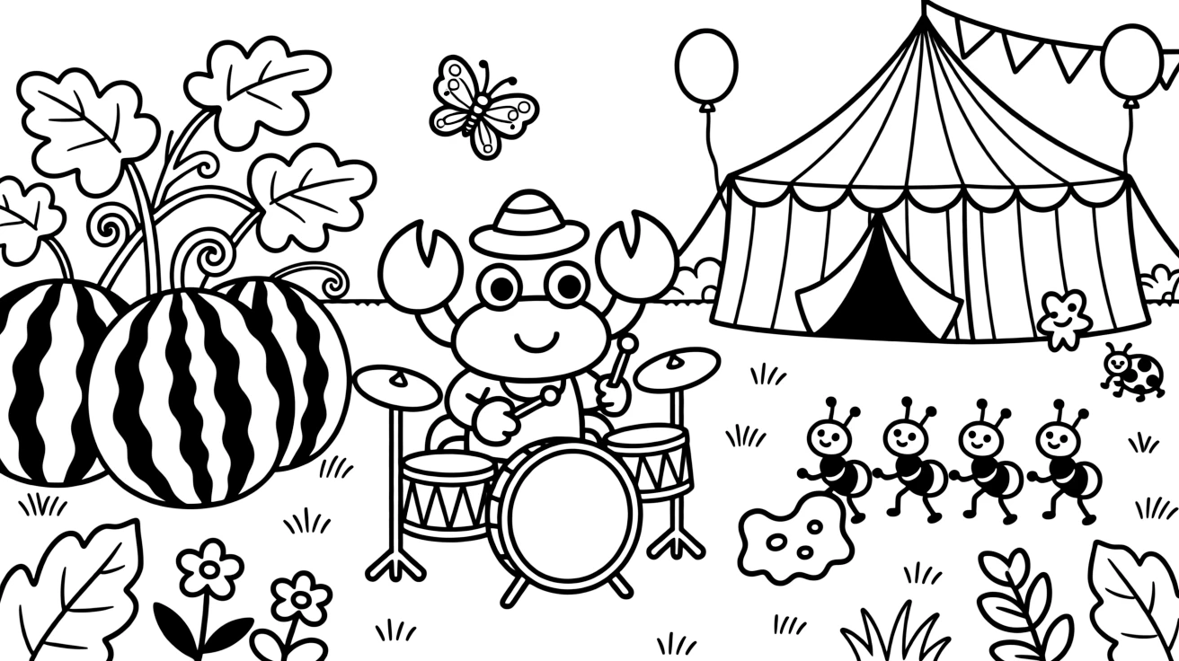 At a county fair with games and a big striped tent, a bright-eyed crab drummer discovers the joy of growing a garden of giant, striped watermelons, while a line of ants carrying a picnic crumb watches happily nearby. Every creature nearby wants to join in the fun.