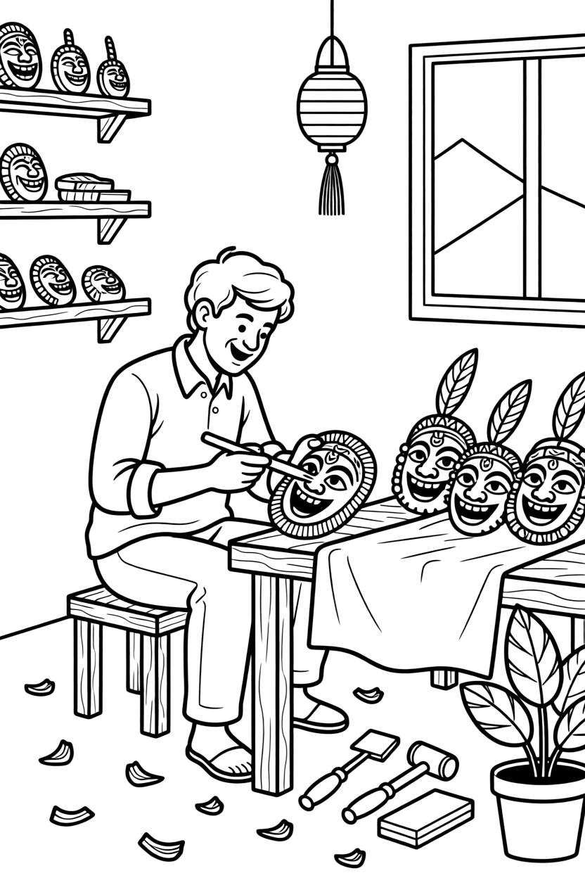 A coloring page showing a creative craft moment in Nepal: a craftsman carving a wooden mask for a festival celebration, with finished pieces displayed proudly on a nearby table.