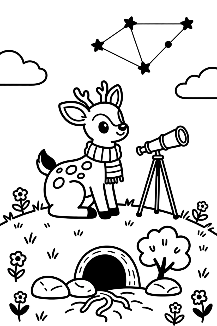 a cheerful a spotted fawn studies constellations from a hilltop burrow with a tiny telescope.
