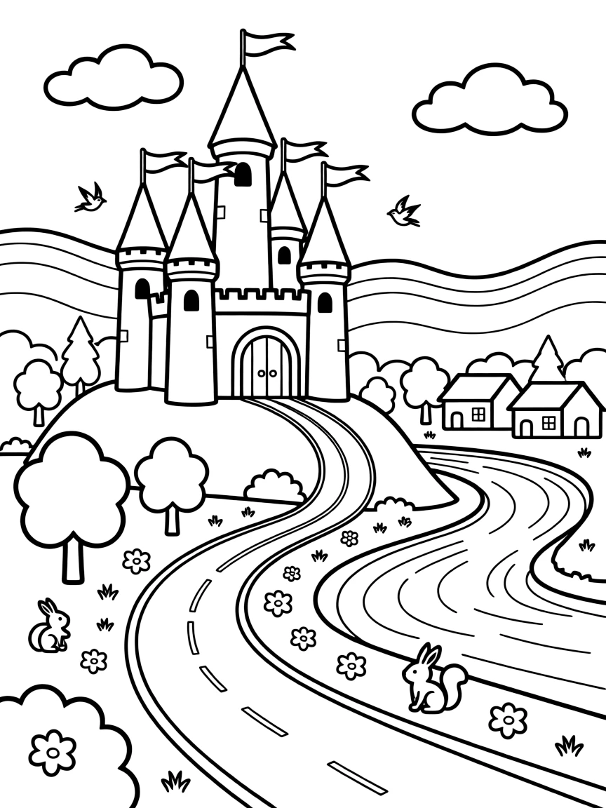 [Castles] a tall castle with pointed turrets overlooking a peaceful kingdom beside a wide river. In the background, flags wave from every tower, adding extra fun to explore. A winding road leads to the front gate. It all happens during a bright summer day, with heat waves shimmering in the distance.