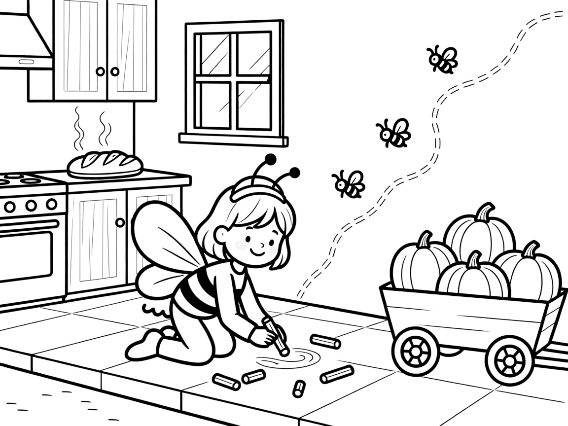 A girl dressed as a queen bee for a spring parade is drawing with colorful chalk on the sidewalk in a cozy kitchen filled with the smell of fresh bread. Nearby, twinkling fireflies rising into the air and a wagon piled high with pumpkins make the scene feel magical.