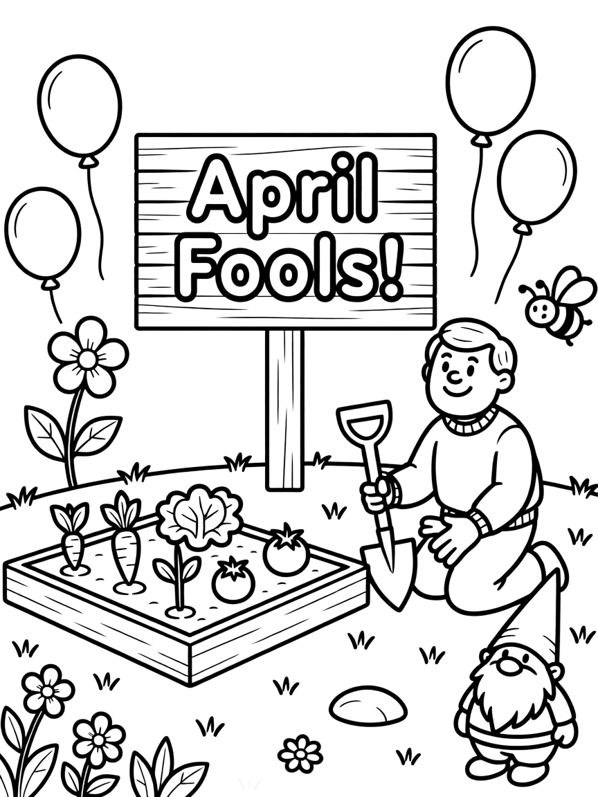 A sign reading 'April Fools!' with balloons in a sunny backyard with a freshly planted vegetable patch, with a proud grandfather playing close by amid a bee buzzing near a blossom and a garden gnome peeking from the flowers.