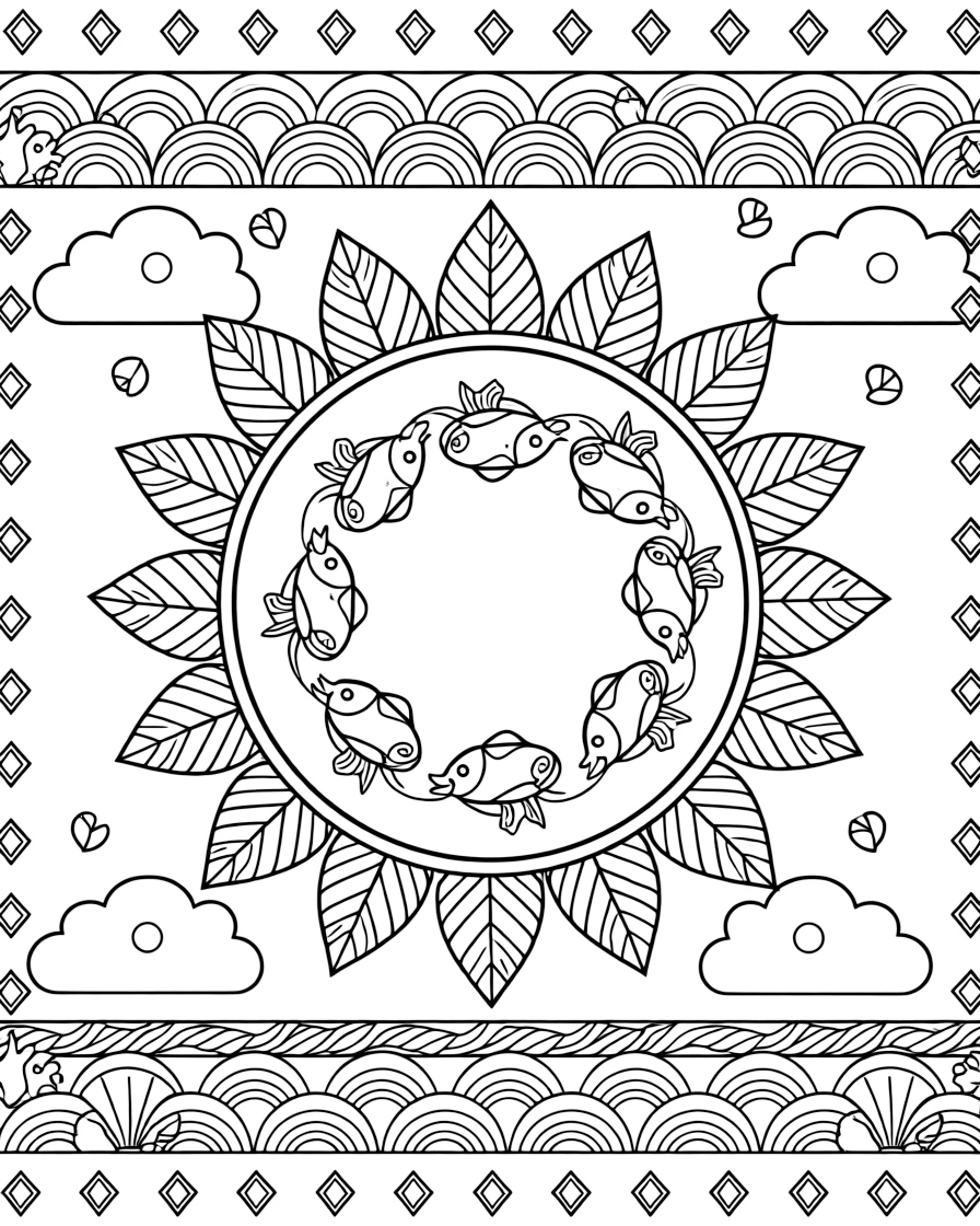 Ocean Creatures: The page presents a small themed scene built around a school of small fish swimming in a circle, tied together by a feather-ring mandala with plumes fanning outward. The scene is placed centrally within a scene bordered top and bottom by mirrored rows of smaller matching details. Decorative details fill the surrounding space, including rounded puffy cloud shapes, rows of scalloped fan shapes, and bands of braided rope shapes woven throughout the background. A playful extra touch completes the page: a few sparkling gem shapes dotted along the outer border.