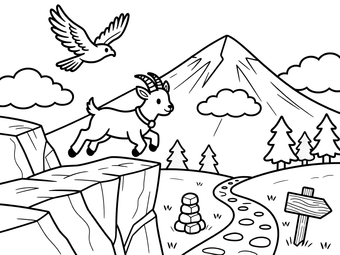 [Mountain Peaks] A young mountain goat leaps confidently across a rocky ledge high above a green valley. Fluffy clouds drift below the summit while a hawk circles above a cluster of pine trees. Jagged rock formations rise beside a winding trail marked with cairns and wooden signposts. Wisps of cloud drift past the summit as the morning sun paints the peaks in soft golden light.