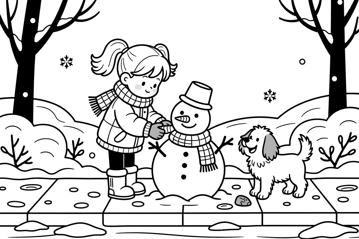 A girl in pigtails building a snowman alone on the sidewalk, deeply focused, while a friendly dog wags its tail.