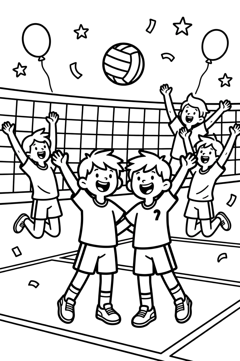 A pair of twin siblings, celebrating a match-winning point with the whole team jumping together near the net.