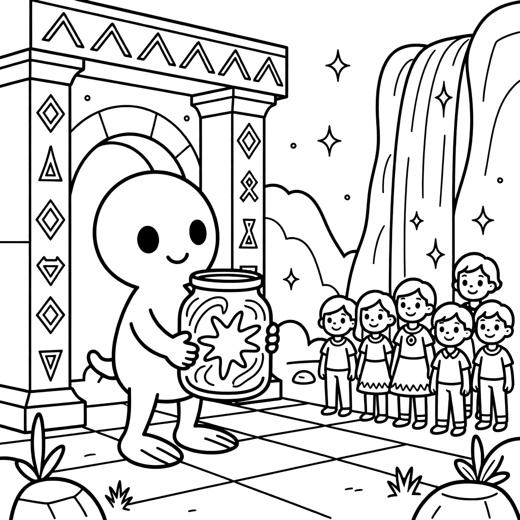 Puffkin, a playful alien creature with paddle feet capturing a wild burst of aurora light in a jar for the science lab, in an ancient alien temple covered in glowing runes, with a waterfall of sparkling light cascading down a cliff and a cheerful crowd gathered for a festival nearby.