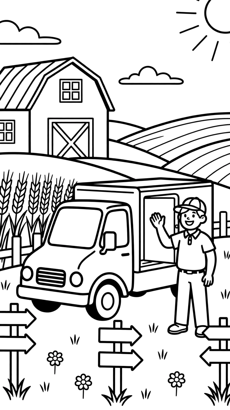 A mail delivery truck with its side door open takes center stage in a sunny farm with a red barn and rolling wheat fields, where a smiling driver wearing a cap and waving hello can be seen nearby, surrounded by road signs pointing toward fun destinations.