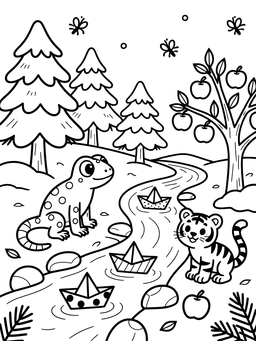A gecko in a snowy pine forest, floating paper boats down a stream with a tiger cub, next to a apple orchard, with fireflies twinkling nearby.
