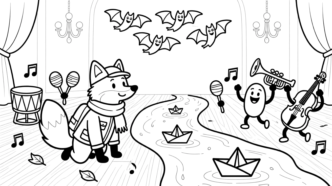 A brave arctic fox explorer takes a break from adventures to try sailing a paper boat down a rain-puddle river in a music hall filled with dancing instruments, with a squadron of friendly bats looping overhead close behind. Everyone is laughing and having the best time.