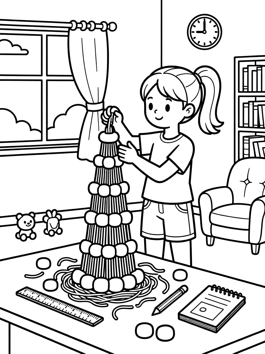 a thoughtful young girl builds a tall tower out of spaghetti and marshmallows for an engineering challenge.