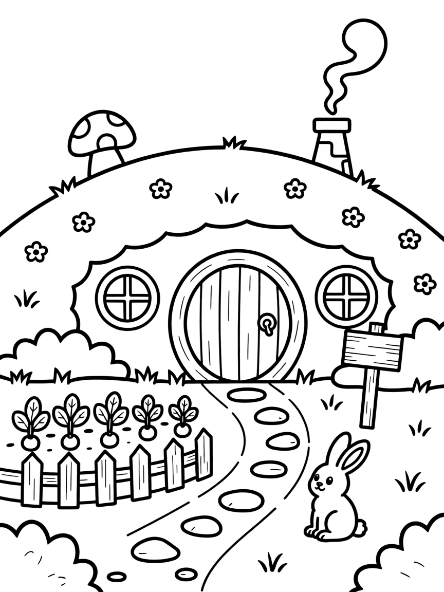 A cozy hobbit-style burrow beneath a hill has round windows glowing warmly, smoke curling from a chimney shaped like a mushroom cap.