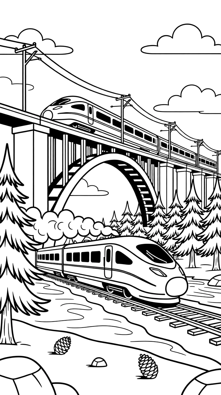 [Trains] A dynamic scene shows a modern high-speed train crossing a tall trestle bridge through a dense pine forest, looking determined and brave. Close by, puffy white steam trails behind the engine. Telephone poles line the tracks in the distance. The moment unfolds just after a rainstorm, with fluffy clouds drifting overhead, filled with energetic detail perfect for a young colorist.