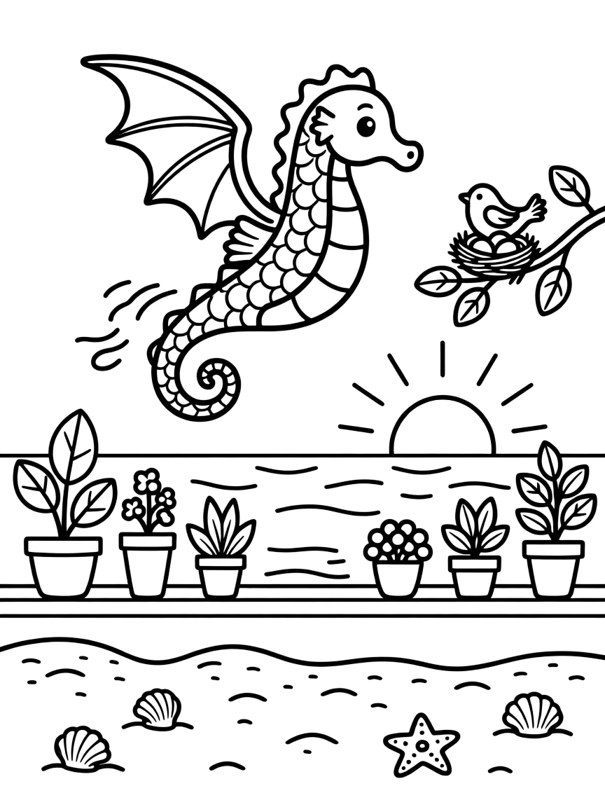 A curious seahorse is soaring through the sky on the back of a gentle dragon on a sandy beach at golden sunset. Just beyond, a row of potted plants along a windowsill and a tiny bird's nest tucked in a nearby branch fill the page with charm.
