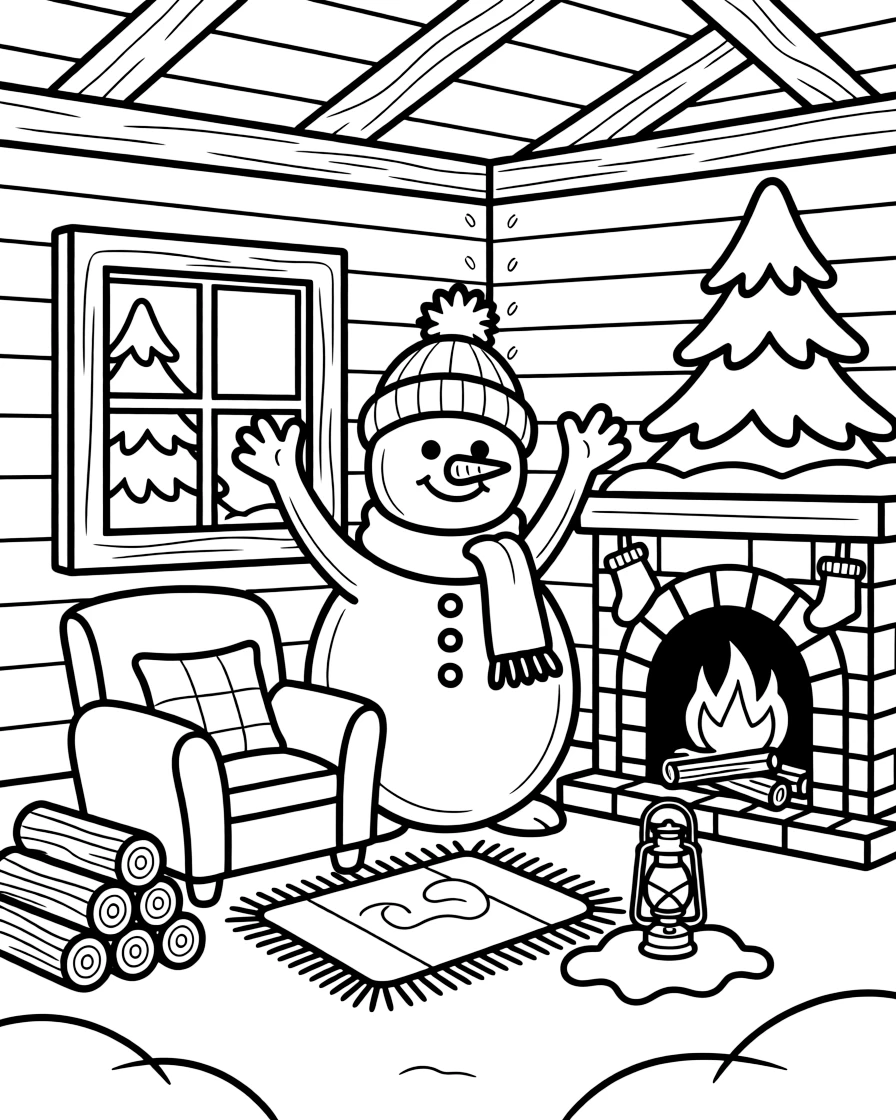 A friendly snowman mascot waving to a crowd in a cozy cabin with a crackling fireplace, with a snow-covered pine tree and a lantern glowing softly in the snow nearby.