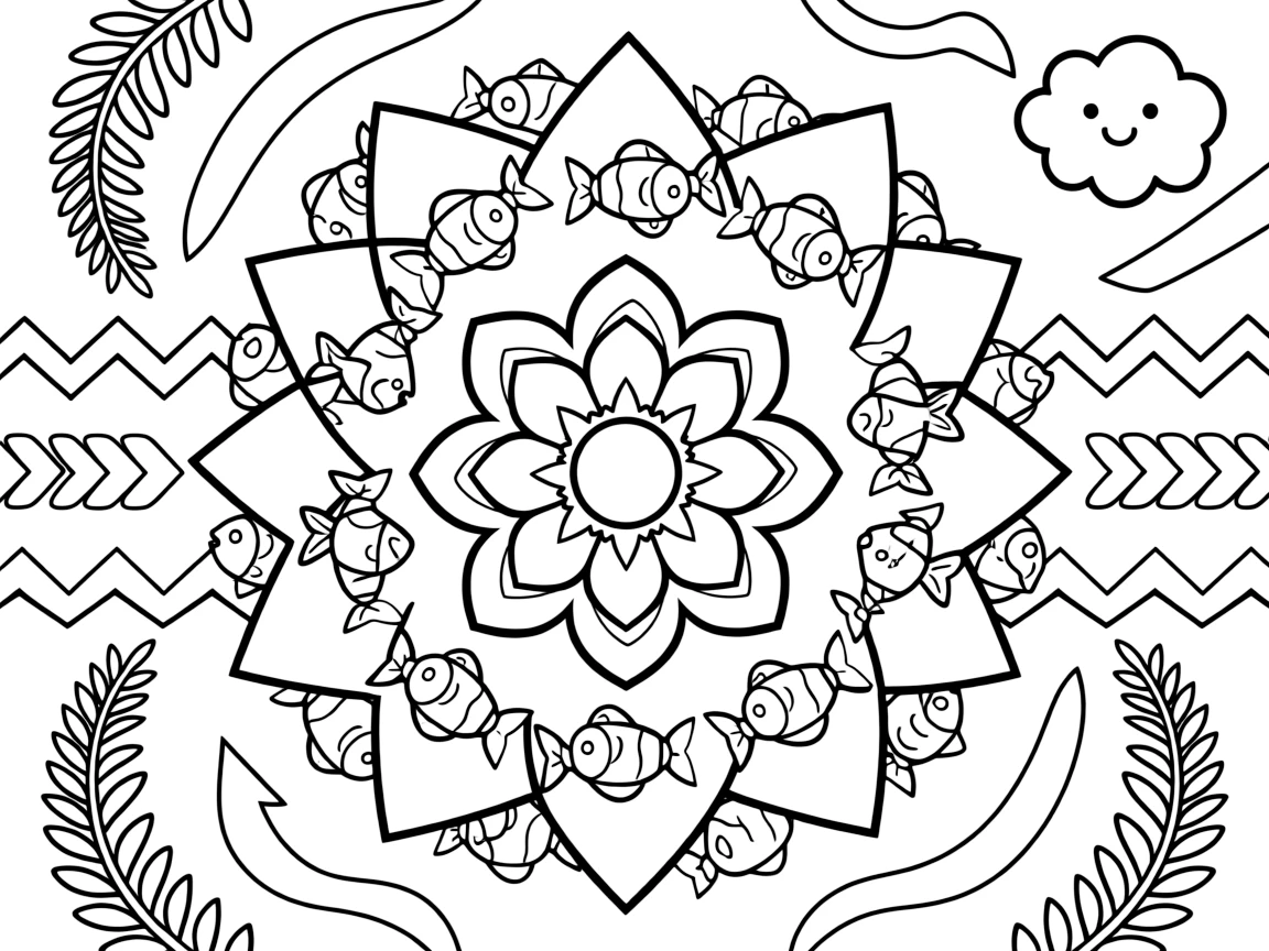 Ocean Creatures: The design turns a school of small fish swimming in a circle into a kaleidoscope-style composition anchored by a blooming flower-shaped mandala with layered petal rings. The imagery is broken into repeating fragments that spin outward from the center in a kaleidoscope-style circle of matching wedges. Decorative details fill the surrounding space, including curling fern-frond shapes, ribbons folded into gentle zigzags, and rows of arrow-shaped chevrons woven throughout the background. A playful extra touch completes the page: a small round cloud with a friendly face tucked into a corner.