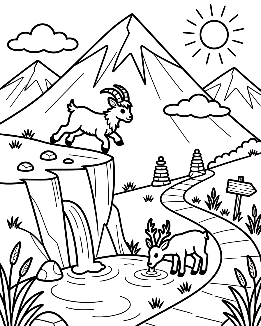 [Mountain Peaks] A young mountain goat leaps confidently across a rocky ledge high above a green valley. A small waterfall cascades down the rocky face into a clear pool where deer come to drink. Jagged rock formations rise beside a winding trail marked with cairns and wooden signposts. Wisps of cloud drift past the summit as the morning sun paints the peaks in soft golden light.