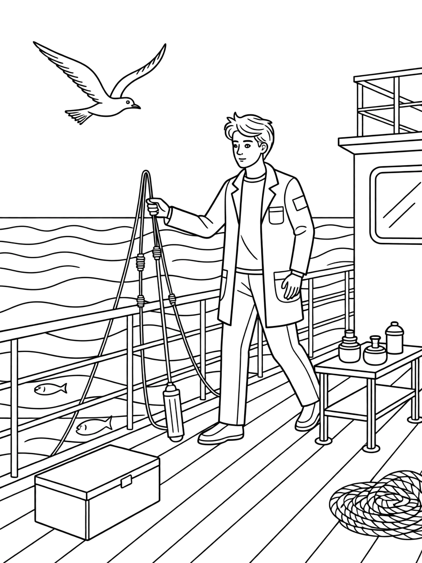 An oceanographer lowers instruments into the sea from the deck of a research ship.
