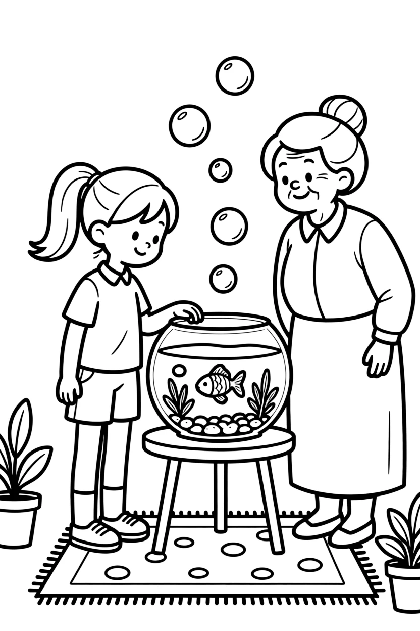 A confident preteen girl feeding a pet fish with a grandmother as soap bubbles float upward.