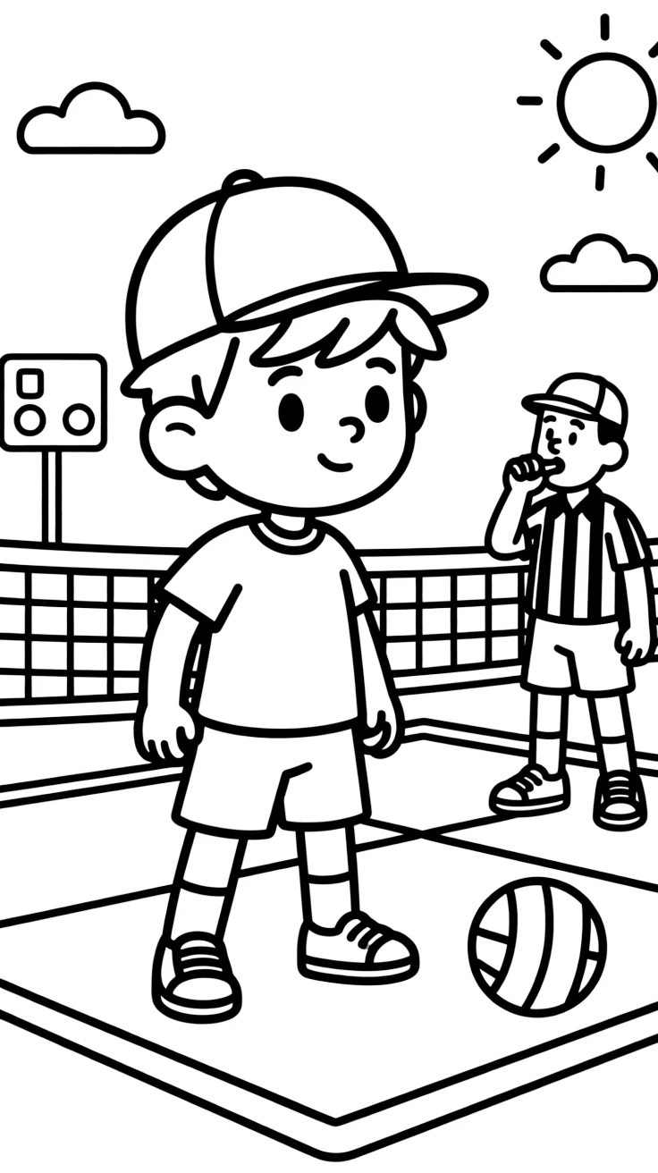 A confident boy wearing a bright cap, rotating positions on the court as the referee's whistle signals the next serve.