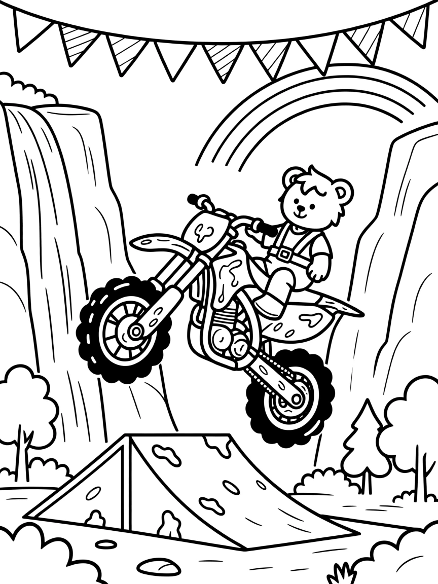 This page centers on a mud-splattered motocross dirt bike catching air off a jump exploring a national park with towering waterfalls and rocky cliffs, featuring a teddy bear buckled safely into the passenger seat and little extras like a string of triangle pennant flags overhead and a rainbow arching across the sky.