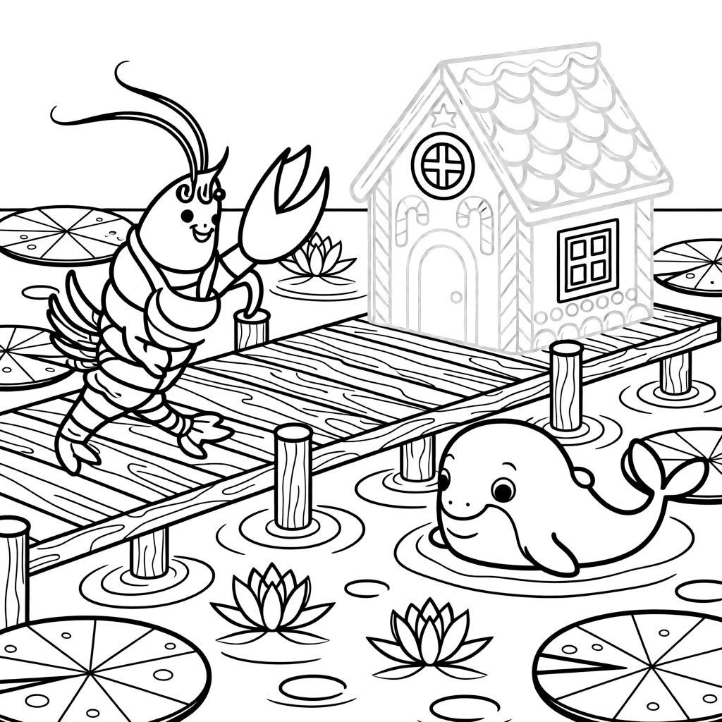 A shrimp decorating a gingerbread house with a narwhal on a wooden dock over a pond, near a water lily pond, as dewdrops sparkle on the leaves.
