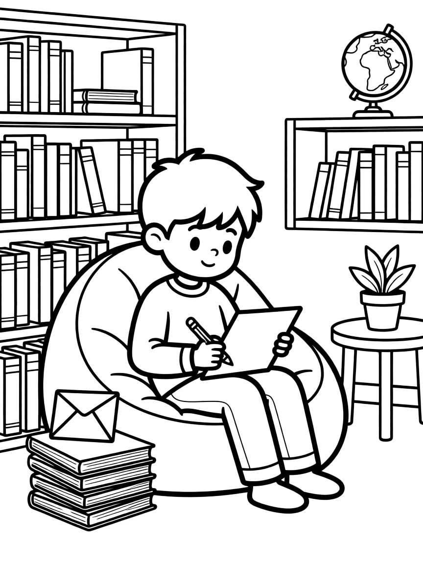 a shy little boy sits in a library corner with a beanbag chair and writes a letter to a faraway pen pal while a stack of colorful envelopes waits nearby.