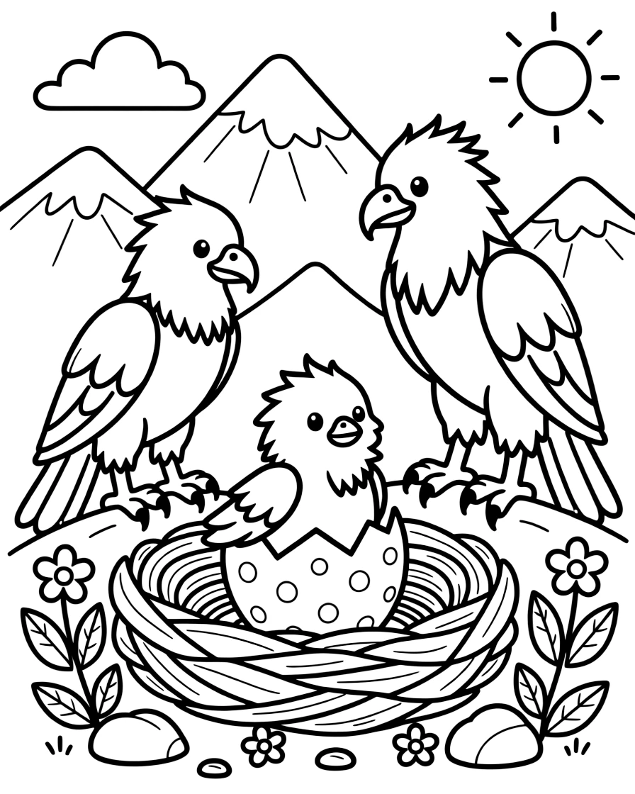 A young griffin chick hatches from a speckled egg atop a mountain nest, tiny wings still wet as its parents watch proudly nearby.
