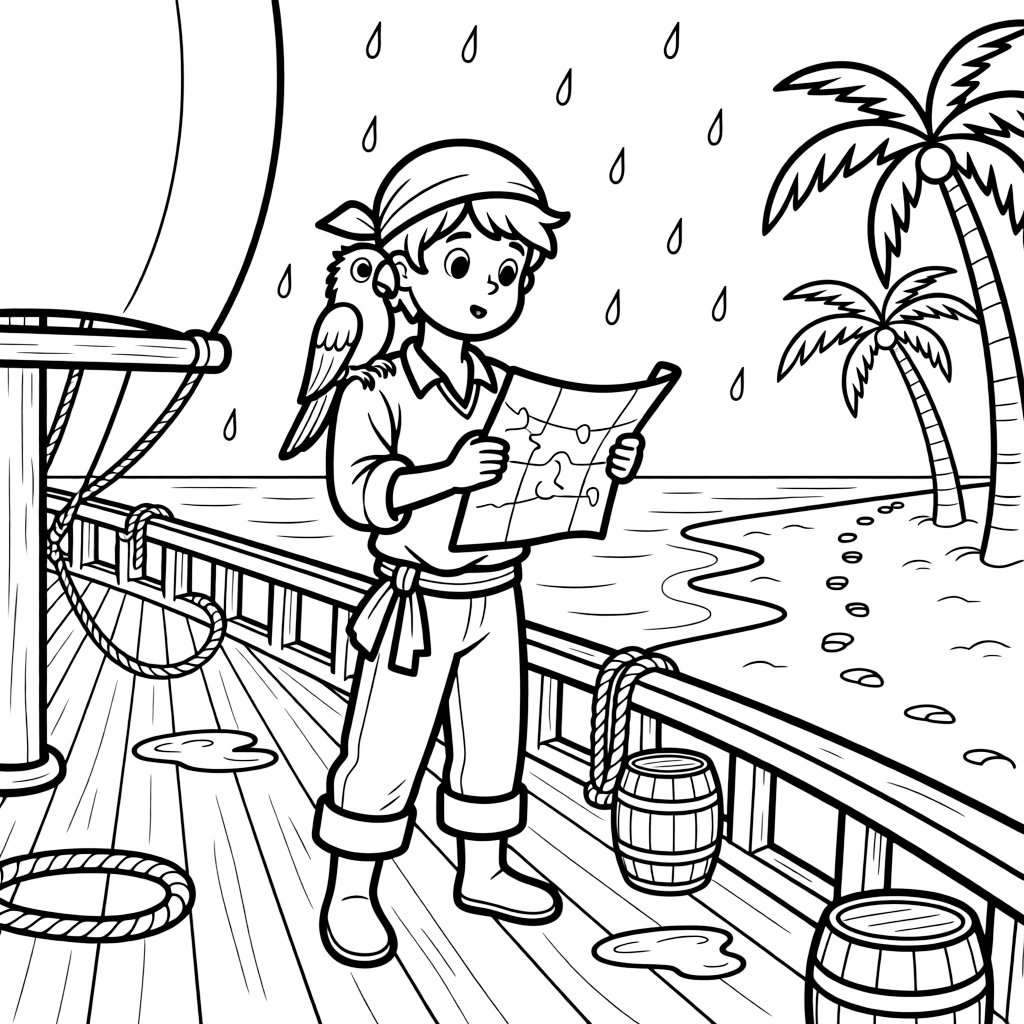 [Pirates] a pirate with a parrot on their shoulder studying an old treasure map aboard a wooden sailing ship, wide-eyed with wonder. Nearby, palm trees sway along the shoreline. Footprints lead across the sandy beach. The scene is captured during a bright summer day, with a light drizzle just ending, giving the page a lively and adventurous feel that invites plenty of colorful detail.