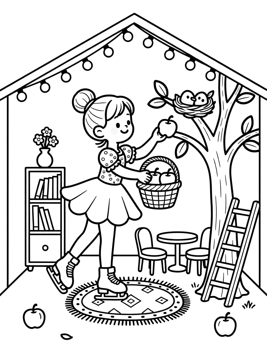 A girl figure skater in a sparkly costume is picking ripe apples and filling a woven basket inside a dollhouse-sized world of tiny furniture. strings of fairy lights strung overhead and a tiny bird's nest tucked in a nearby branch fill the page with charm.