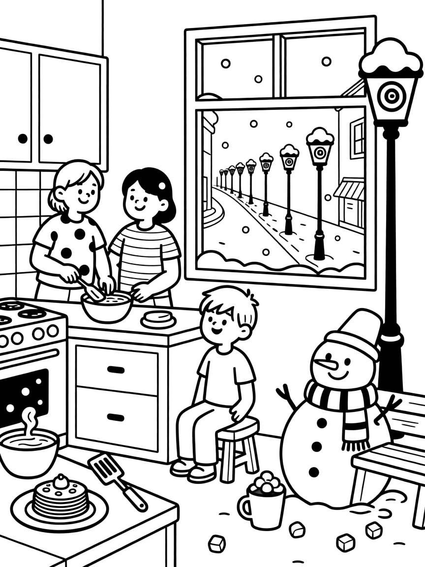 A curious little boy sitting beside a family flipping crepes together in the kitchen on a quiet street lined with snow-capped lampposts, with a cheerful snowman with a striped scarf and a steaming mug of cocoa with marshmallows scattered about.
