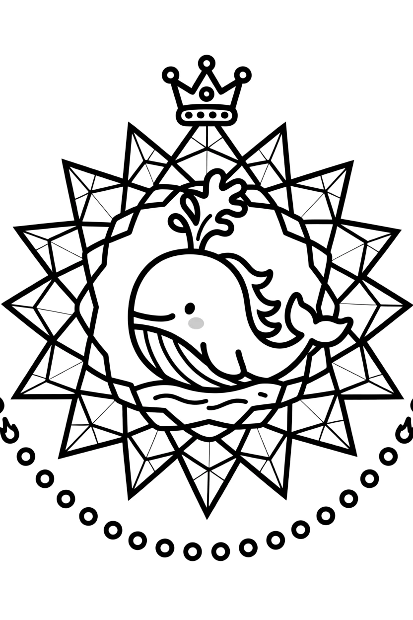 Ocean Creatures: The main subject is a friendly whale spouting water from its blowhole, drawn as the focal point of a crystal-facet mandala built from angular repeating shapes. It is centered on the page, anchoring a design that expands outward in smooth, even waves. Decorative details fill the surrounding space, including a trail of evenly spaced dots, flame-shaped tips curling upward, and nested triangle shapes woven throughout the background. A playful extra touch completes the page: a small crown resting just above the center of the design.