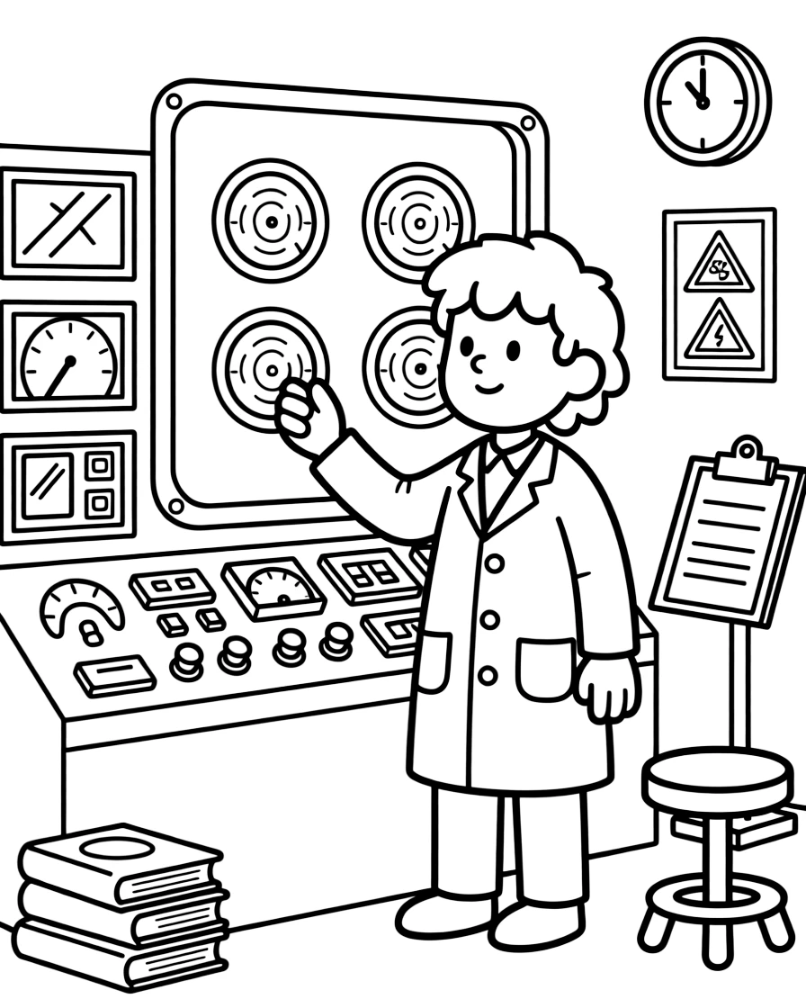 A nuclear scientist checks glowing dials on a large control panel behind a safety window.