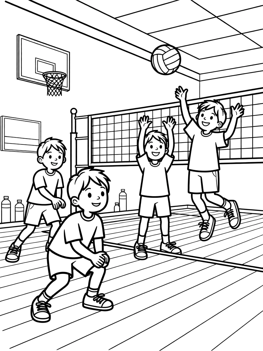A group of classmates, practicing a bump-set-spike drill with three teammates in a sunlit gymnasium.