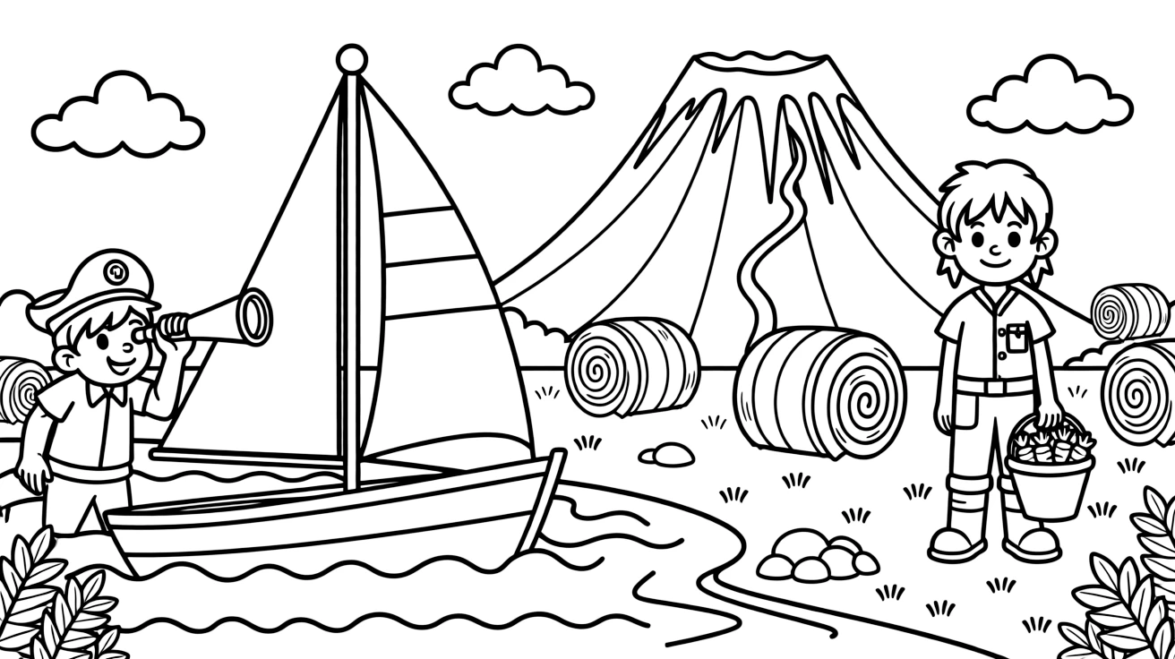 A treasure-hunting sailboat with a spyglass-holding captain takes center stage in a rumbling volcano region with rivers of glowing lava in the distance, where a zookeeper carrying a bucket of carrots can be seen nearby, surrounded by hay bales dotted across the nearby field.