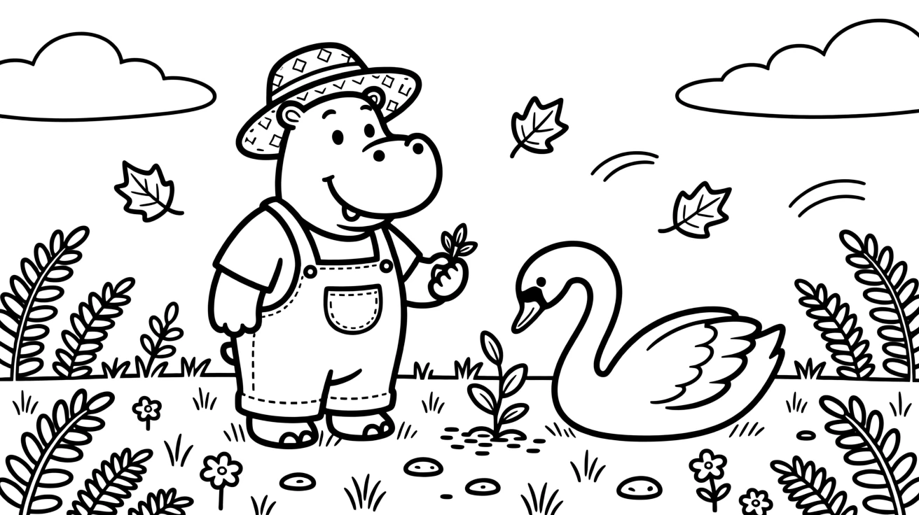 A hippo in a sunny meadow, planting seeds together with a swan, next to a fern-covered forest floor, as autumn leaves swirl in the wind.