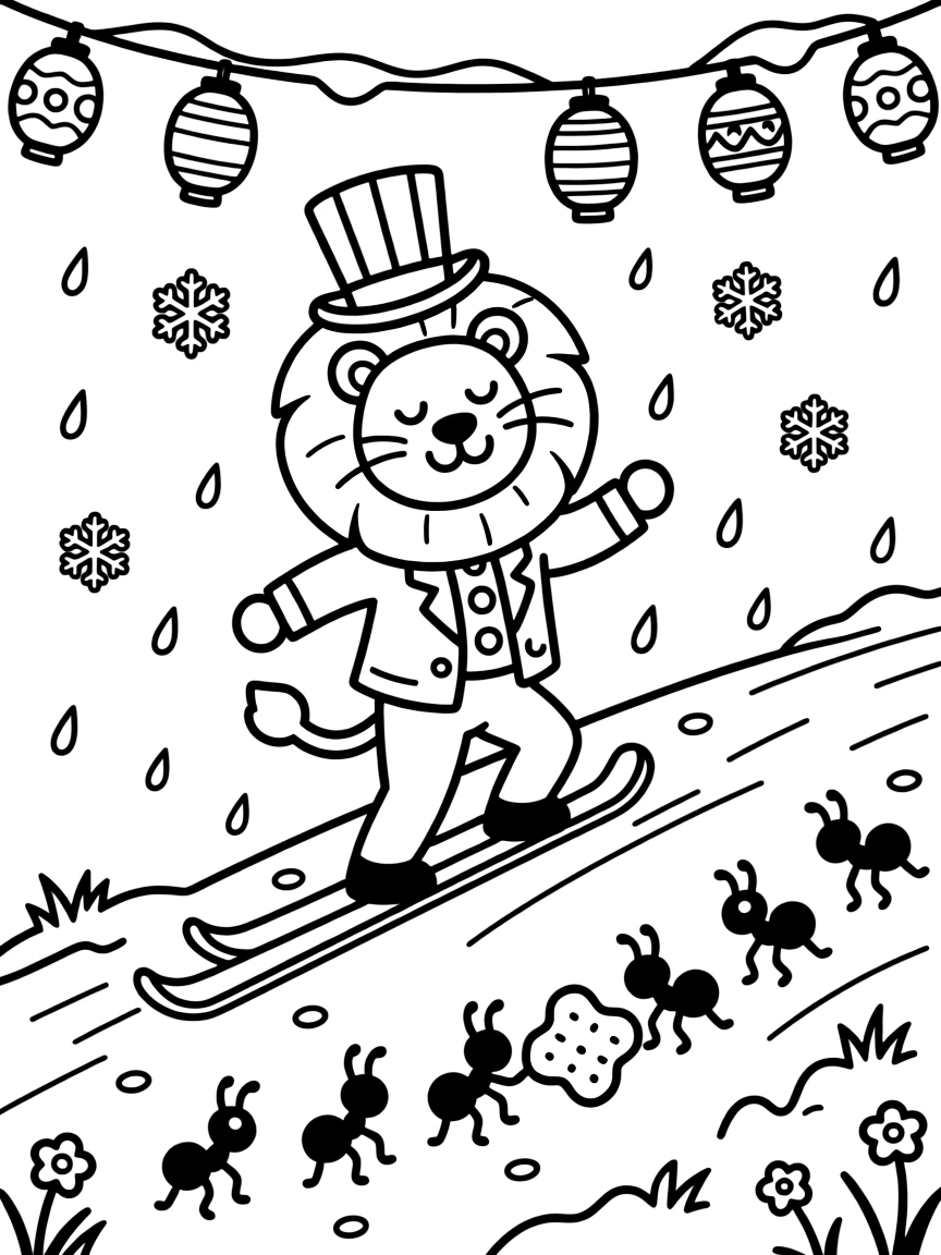 A sleepy carnival ringmaster lion is dancing happily in a warm summer rain on a ski slope dusted with sparkling snow, joined by a string of lanterns swaying gently overhead and a line of ants carrying a picnic crumb. The whole gang can't stop smiling.