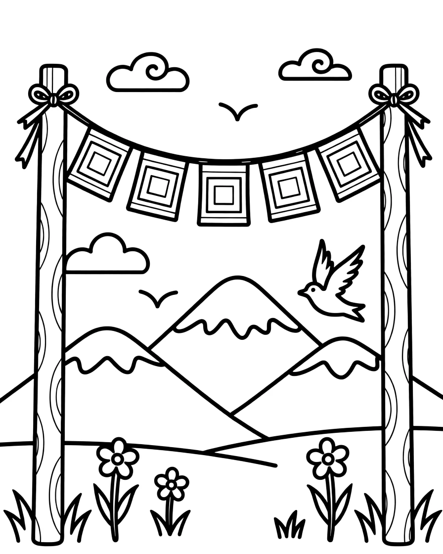 A coloring page highlighting a beloved cultural symbol from Nepal: colorful prayer flags strung between poles fluttering in the mountain wind, displayed proudly with small decorative flourishes around it.