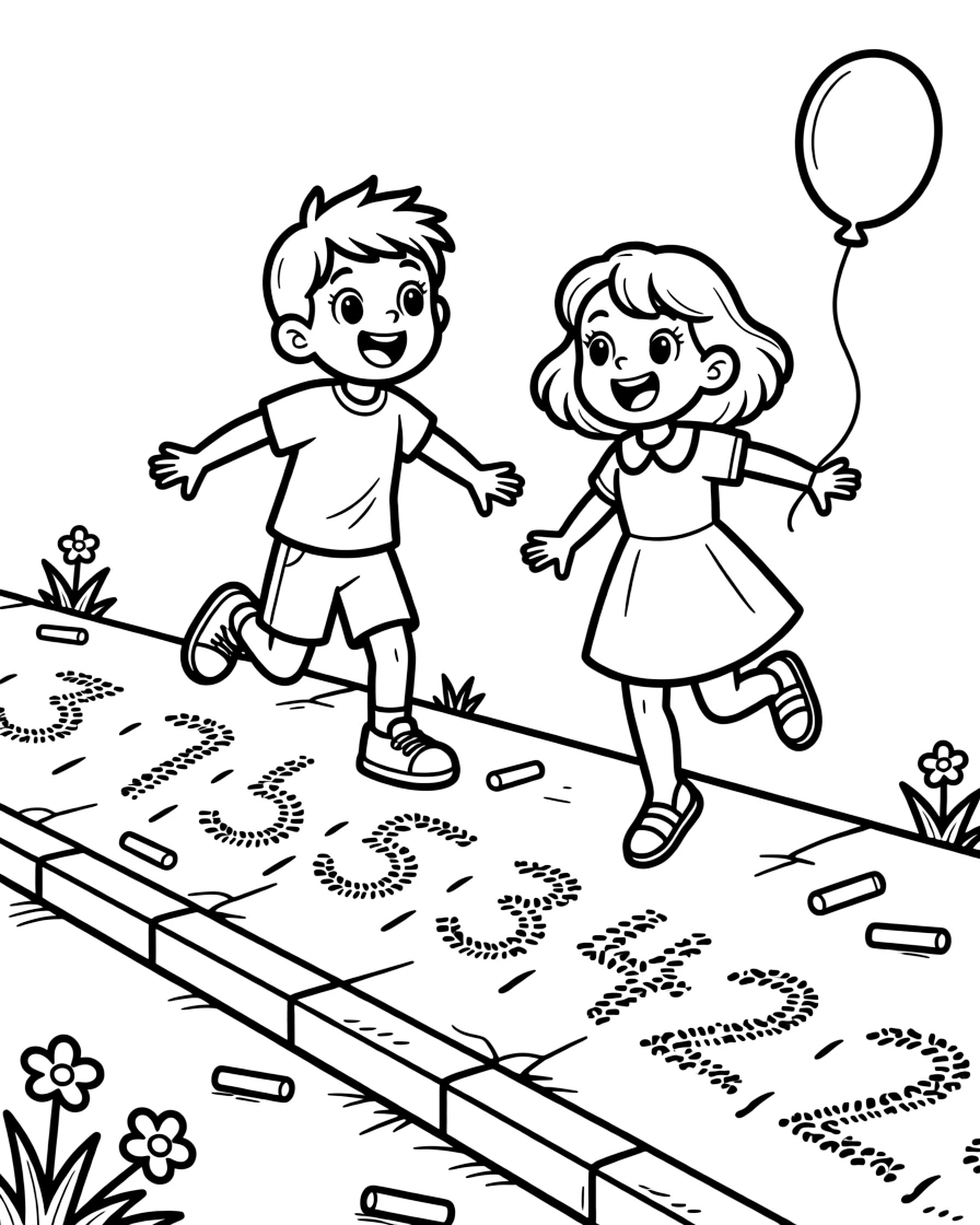 a wide-eyed pair of best friends draws a giant number line in chalk on the sidewalk and hops along it.