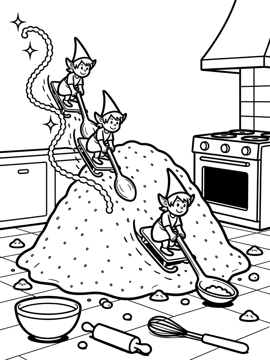 A group of pixies use spoons as sleds to slide down a mound of sugar spilled in a giant's kitchen, leaving sparkling trails behind them.