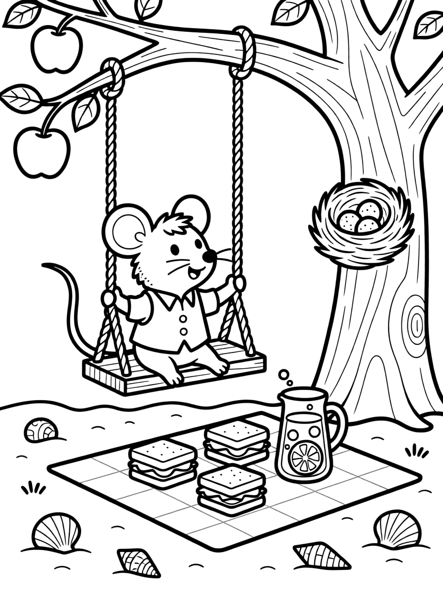 A field mouse in a tiny vest is sharing a picnic of tiny sandwiches and lemonade in an orchard swing hanging from an old apple tree. All around, a tiny bird's nest tucked in a nearby branch and glittering seashells scattered on the sand fill the page with charm.