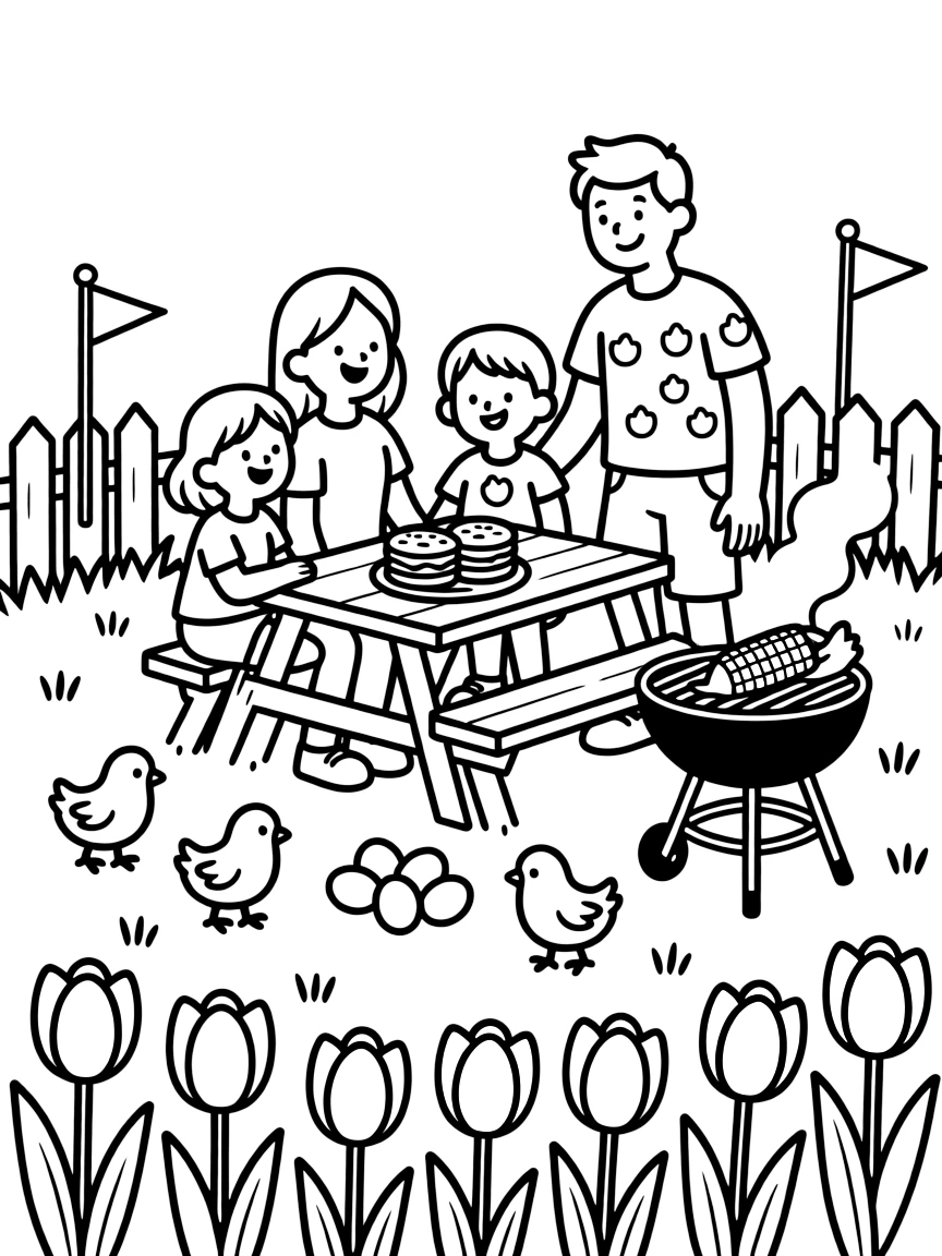 A close-up of a family enjoying a backyard barbecue with flags on a farm with newly hatched chicks in the grass, surrounded by a row of colorful tulips and a row of pastel eggs in the grass.